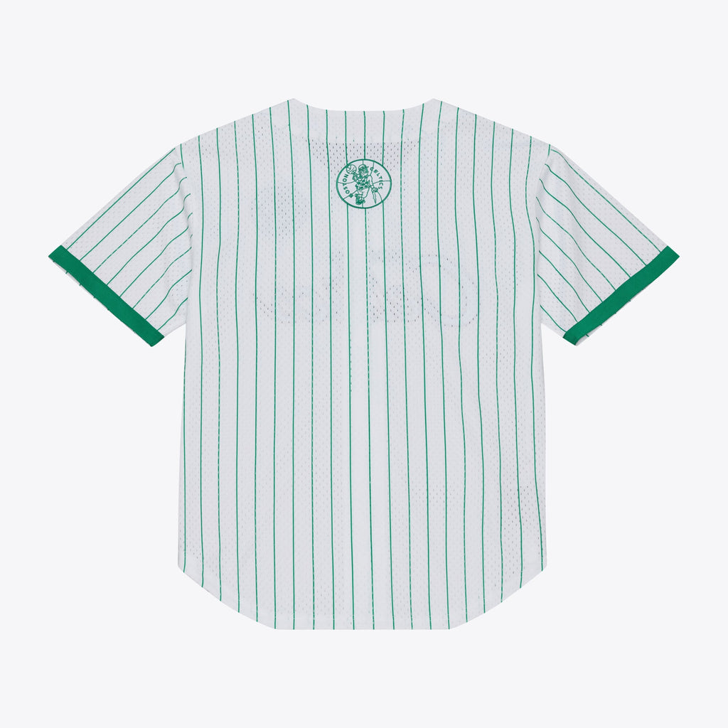 Men's Boston Celtics Mitchell & Ness White Head Coach Pinstripe Mesh Full-Button Baseball Jersey