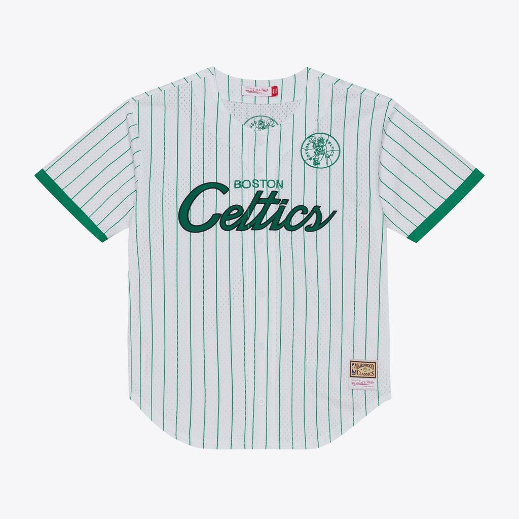 Men's Boston Celtics Mitchell & Ness White Head Coach Pinstripe Mesh Full-Button Baseball Jersey