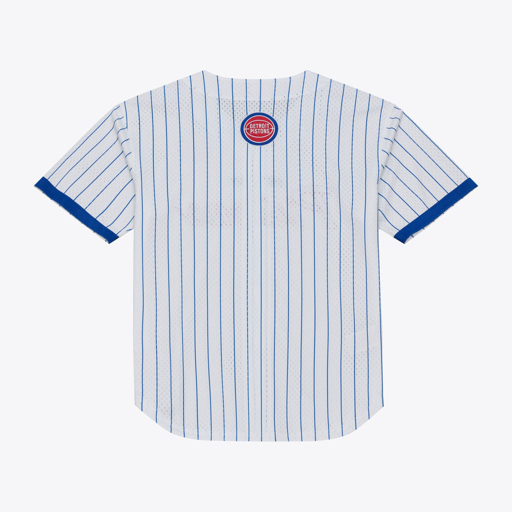 Men's Detroit Pistons Mitchell & Ness White Head Coach Pinstripe Mesh Full-Button Baseball Jersey