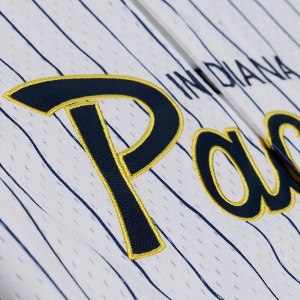 Men's Indiana Pacers Mitchell & Ness White Head Coach Pinstripe Mesh Full-Button Baseball Jersey