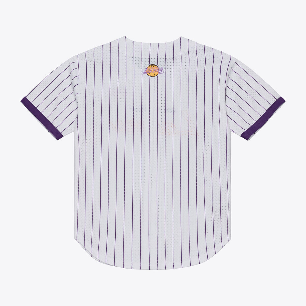 Men's Los Angeles Lakers Mitchell & Ness White Head Coach Pinstripe Mesh Full-Button Baseball Jersey