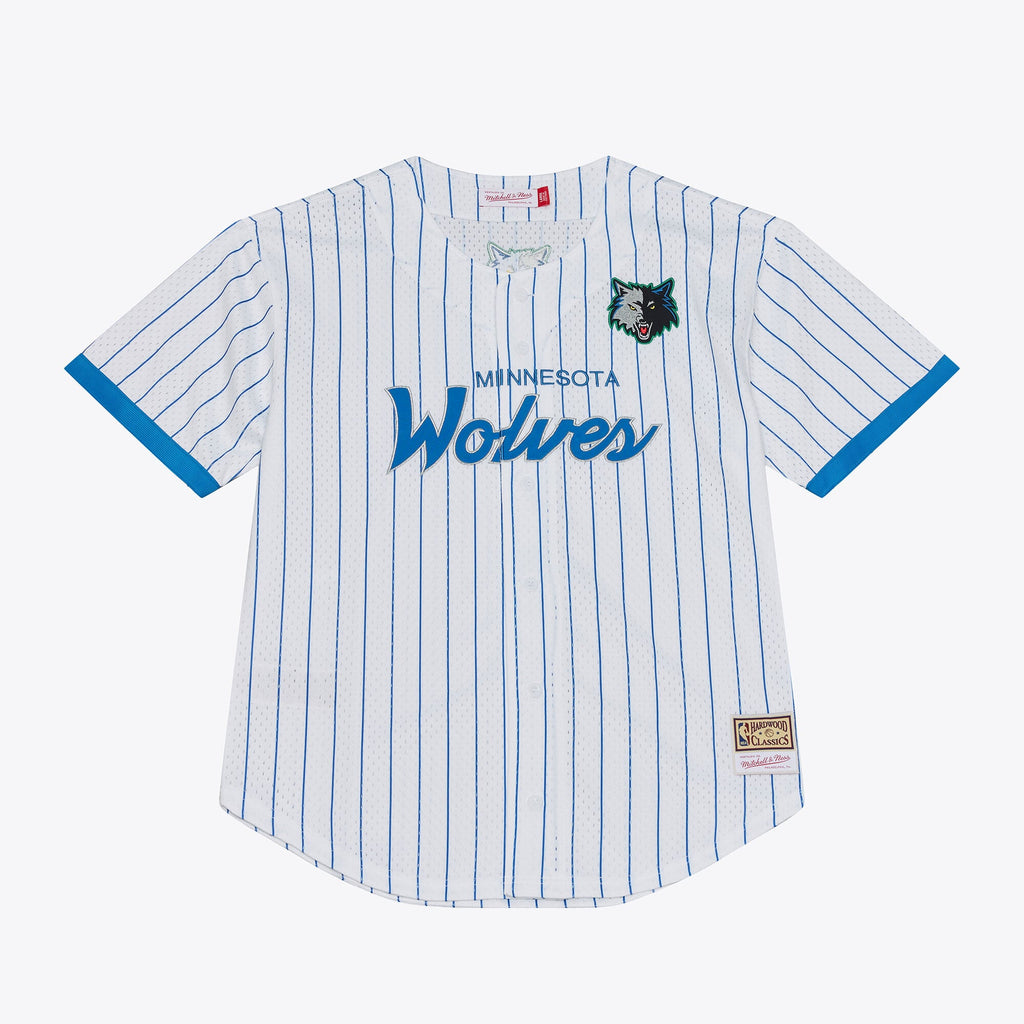 Men's Minnesota Timberwolves Mitchell & Ness White Head Coach Pinstripe Mesh Full-Button Baseball Jersey