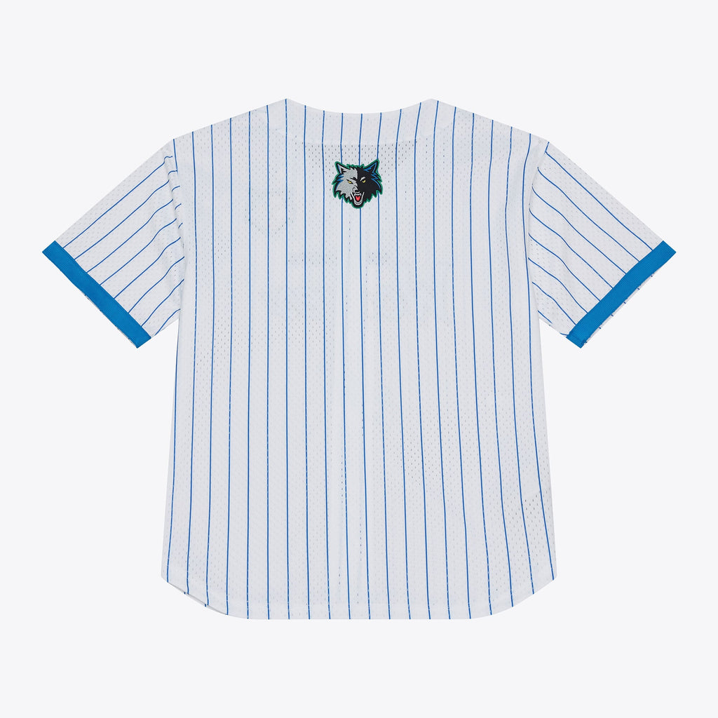 Men's Minnesota Timberwolves Mitchell & Ness White Head Coach Pinstripe Mesh Full-Button Baseball Jersey