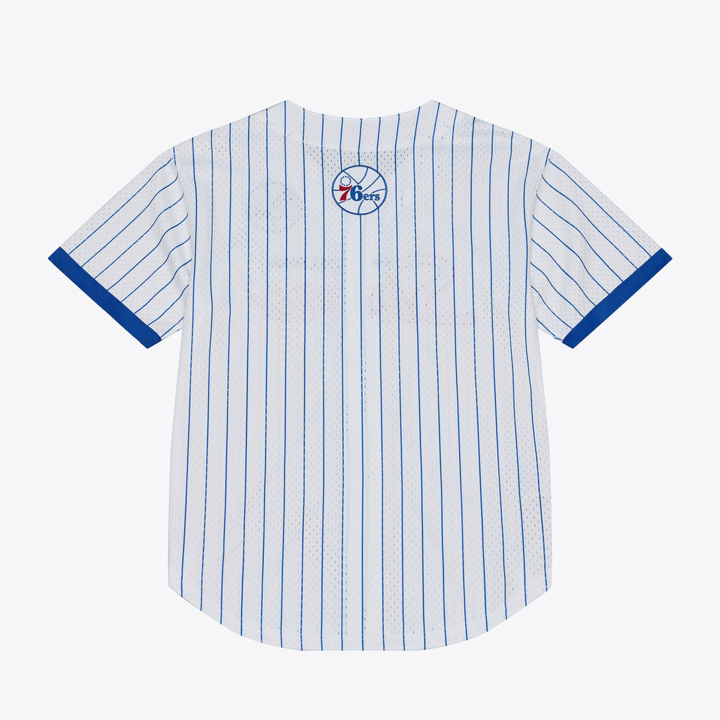 Men's Philadelphia 76ers Mitchell & Ness White Head Coach Pinstripe Mesh Full-Button Baseball Jersey