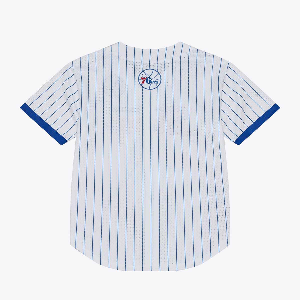 Men's Philadelphia 76ers Mitchell & Ness White Head Coach Pinstripe Mesh Full-Button Baseball Jersey