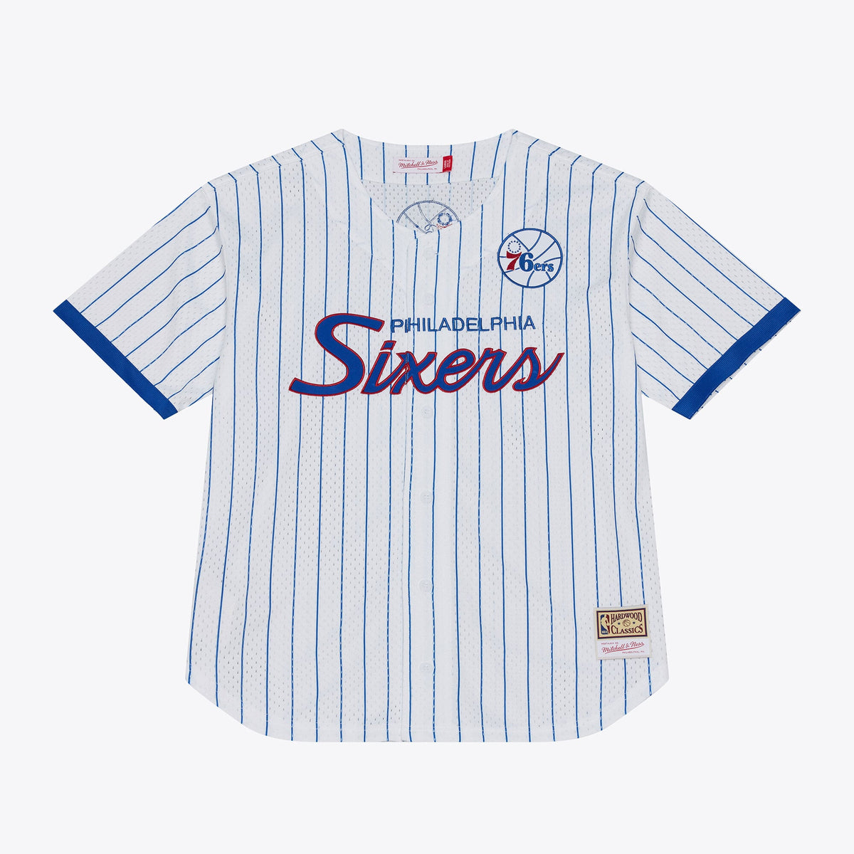 Men's Philadelphia 76ers Mitchell & Ness White Head Coach Pinstripe Mesh Full-Button Baseball Jersey
