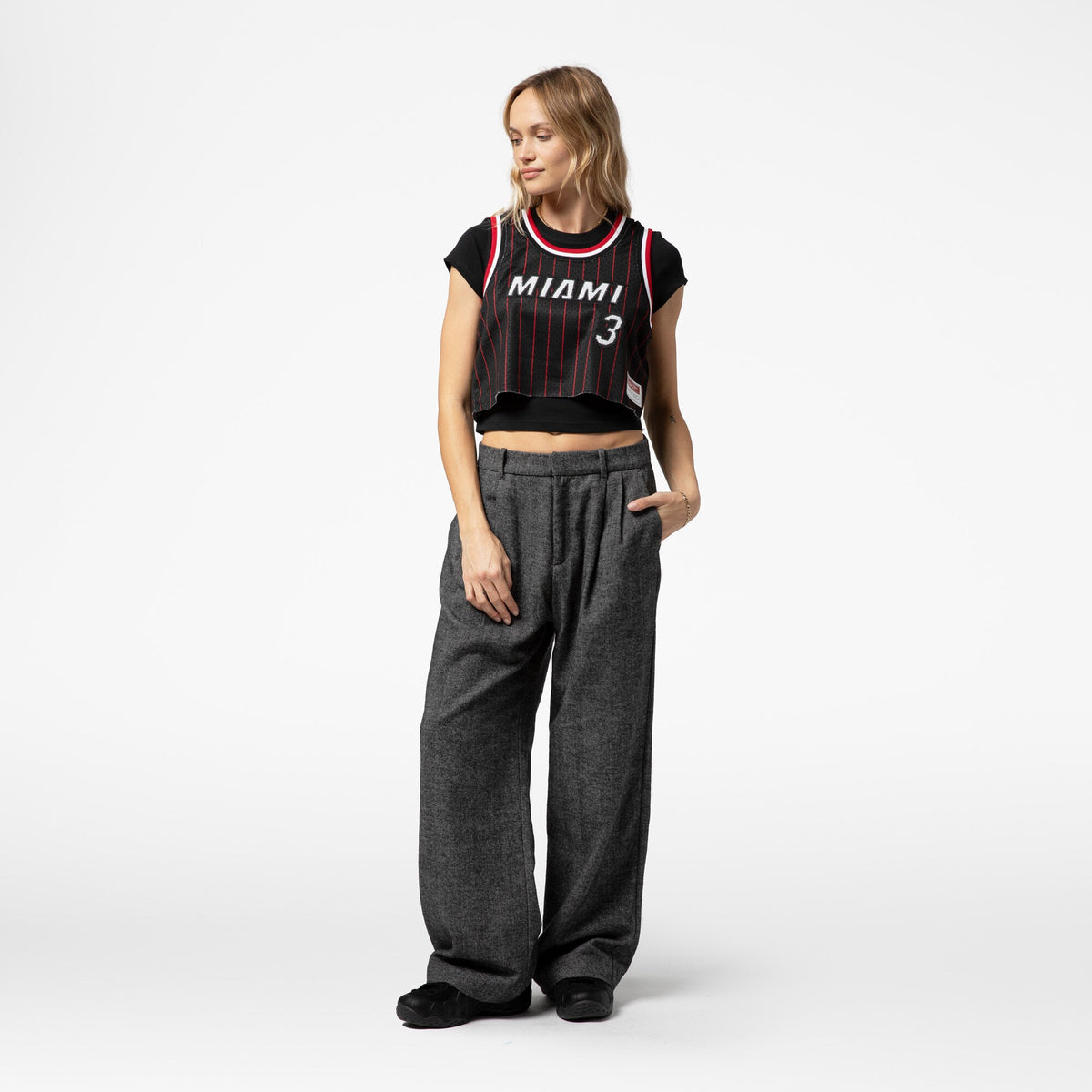 Women's Miami Heat Dwyane Wade Mitchell & Ness x DANNIJO Black Fashion Cropped Basketball Jersey